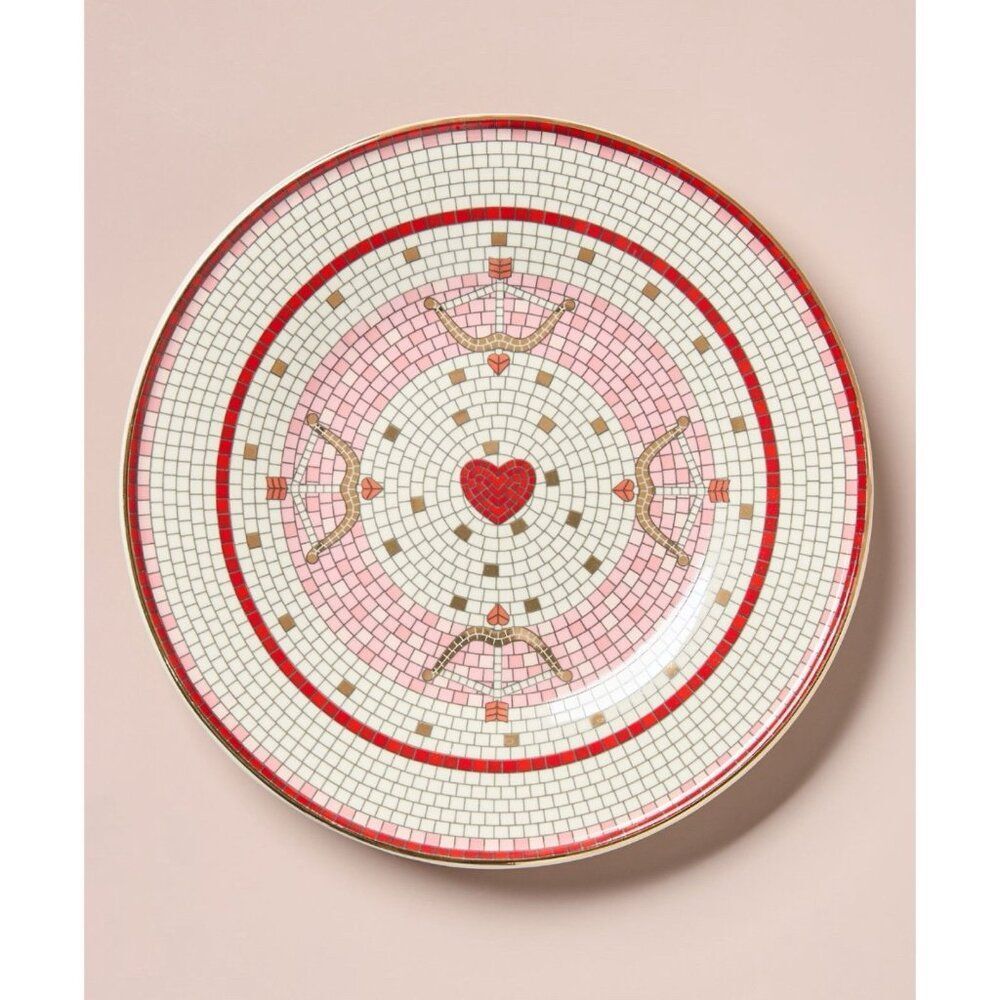 Anthropologie Bistro Tile Valentine’s Dessert Plate 8" Bow & Arrow Stoneware NEW